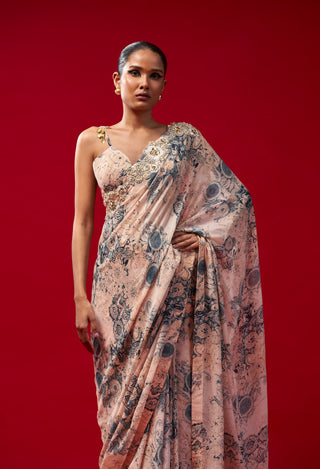 Bhumika Sharma-Champagne Blue Printed Sari And Bralette-INDIASPOPUP.COM