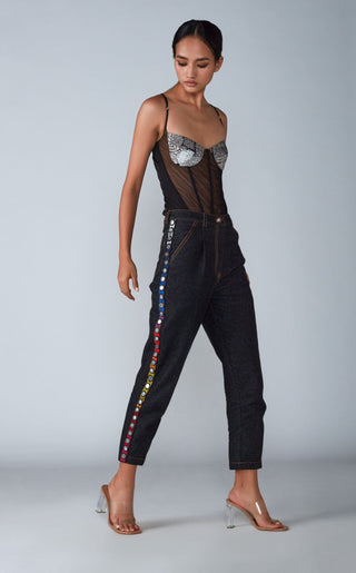 Saaksha & Kinni-Black Abstract Bodysuit With Denim Jean-INDIASPOPUP.COM