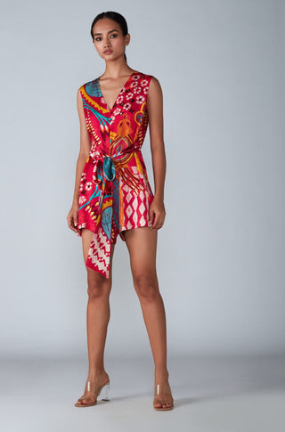 Saaksha & Kinni-Pink Abstract Bird Print Playsuit-INDIASPOPUP.COM