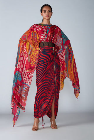 Saaksha & Kinni-Pink Abstract Pleated Cape With Skirt-INDIASPOPUP.COM