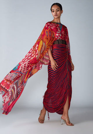 Saaksha & Kinni-Pink Abstract Pleated Cape With Skirt-INDIASPOPUP.COM