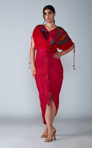 Saaksha & Kinni-Pink Red Abstract Micro Pleated Saree Dress-INDIASPOPUP.COM