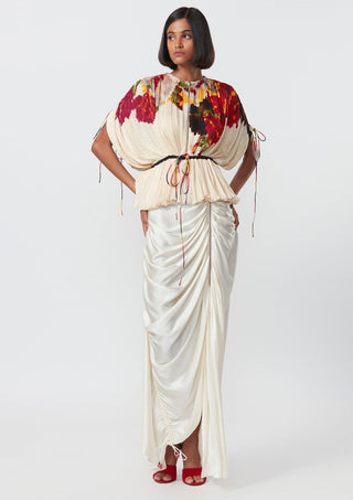 Saaksha & Kinni-Ivory Floral Pleated Blouse And Skirt-INDIASPOPUP.COM