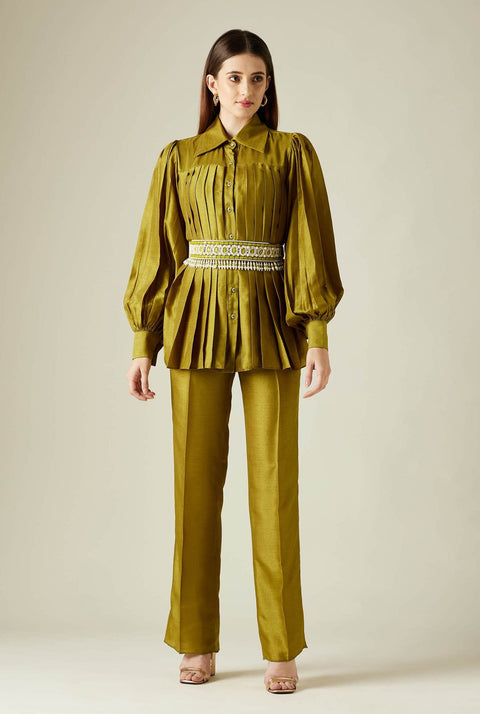 Aakaar-Olive Pleated Tunic With Pant And Belt-INDIASPOPUP.COM