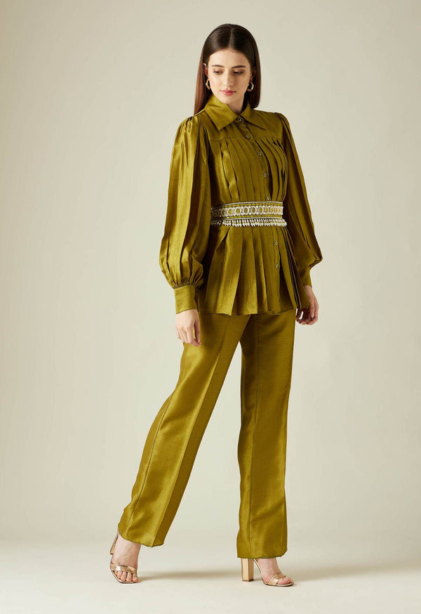 Aakaar-Olive Pleated Tunic With Pant And Belt-INDIASPOPUP.COM