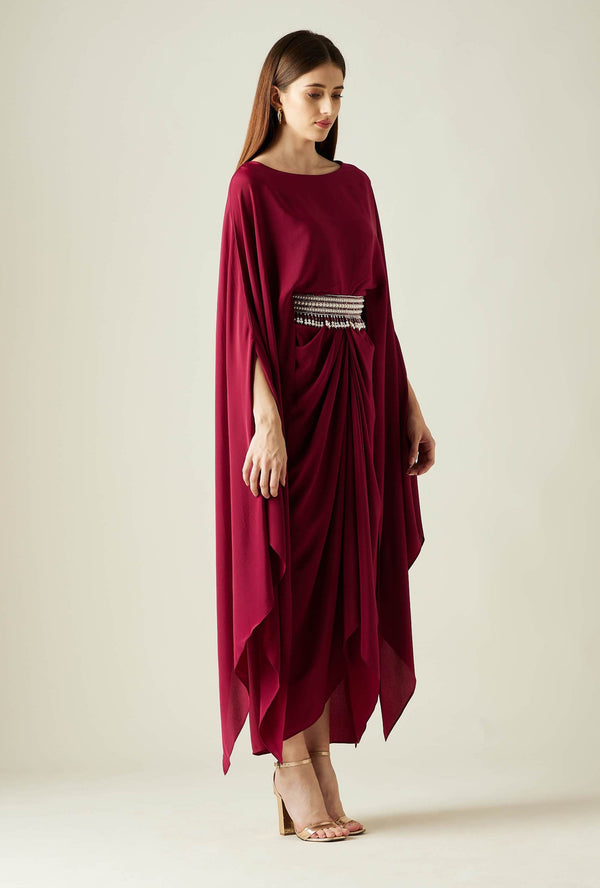 Aakaar-Wine Ruby Ocean Drape Dress With Belt-INDIASPOPUP.COM