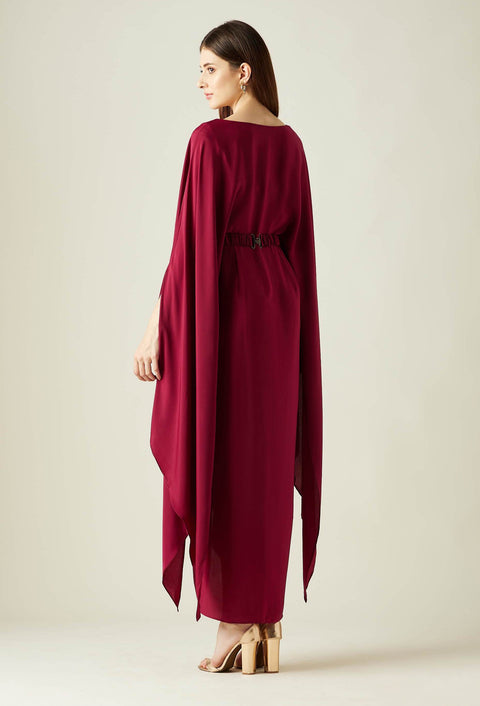 Aakaar-Wine Ruby Ocean Drape Dress With Belt-INDIASPOPUP.COM