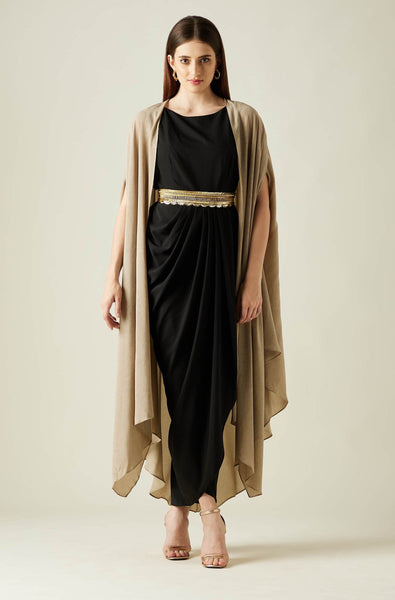 Aakaar, Black Gold Draped Dress With Cape And Belt