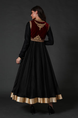 Rohit Bal-Wine Silk Velvet Anarkali Set-INDIASPOPUP.COM