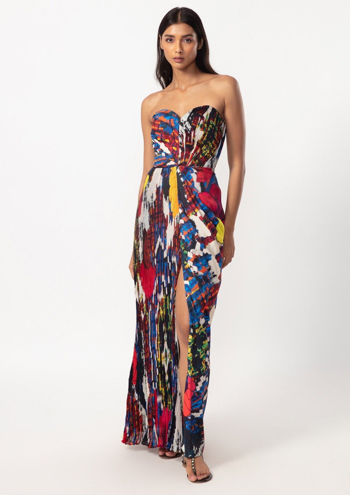 pleated multicolor dress Halter Pleated Multicolor Print Evening Gown 42717