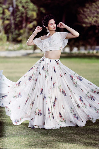 Mahima Mahajan - Ivory One Off-Shoulder Blouse Lehenga Set - INDIASPOPUP.COM