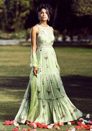 Mahima Mahajan - Sage Tiered Printed Anarkali - INDIASPOPUP.COM