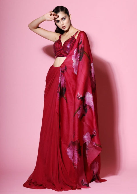 Mahima Mahajan-Hot Pink Solid Saree-INDIASPOPUP.COM