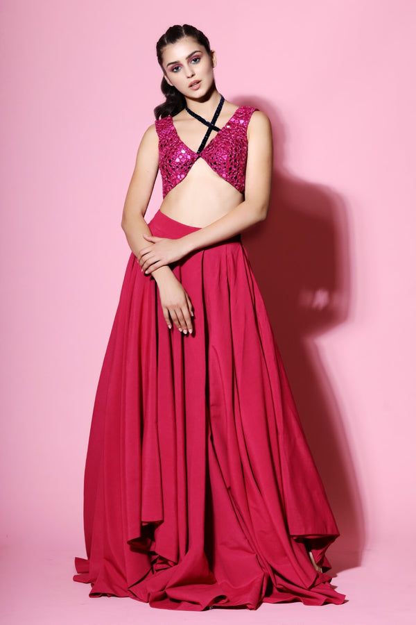 Mahima Mahajan-Hot Pink High Low Skirt Lehnga Set-INDIASPOPUP.COM
