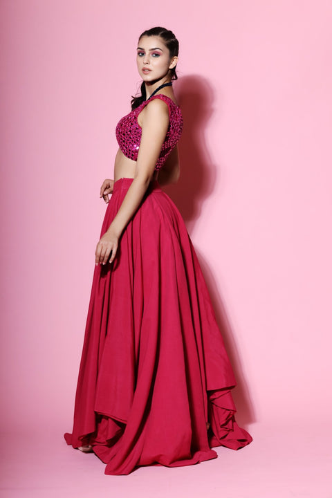 Mahima Mahajan-Hot Pink High Low Skirt Lehnga Set-INDIASPOPUP.COM