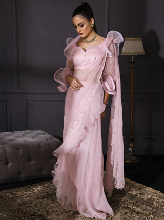 Mani Bhatia-Ice Pink Organza Drape Saree-INDIASPOPUP.COM