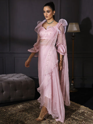 Mani Bhatia-Ice Pink Organza Drape Saree-INDIASPOPUP.COM