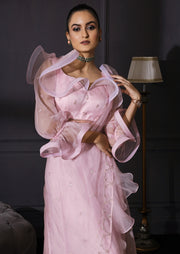 Mani Bhatia-Ice Pink Organza Drape Saree-INDIASPOPUP.COM