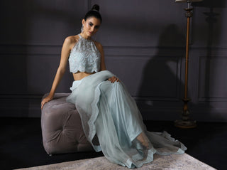 Mani Bhatia-Ice Blue Scalloped Saree-INDIASPOPUP.COM