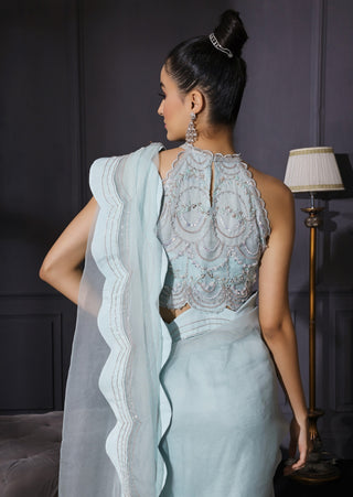 Mani Bhatia-Ice Blue Scalloped Saree-INDIASPOPUP.COM