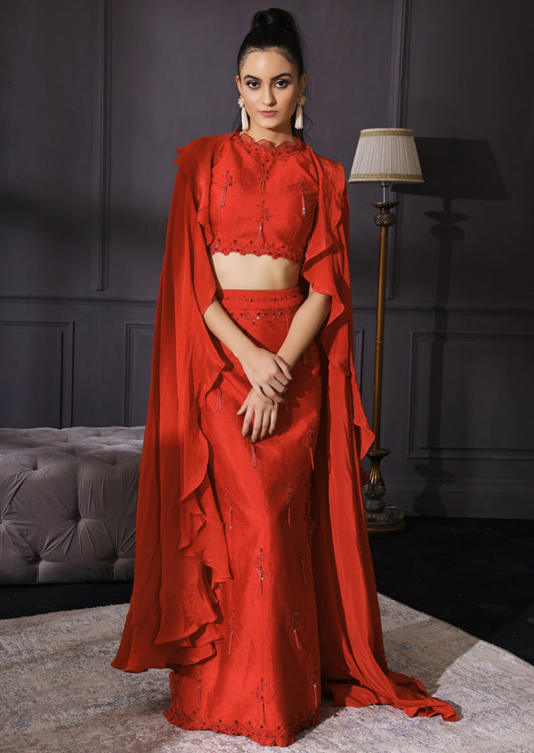 Mani Bhatia-Red Slit Skirt Set With Fringes & Cape-INDIASPOPUP.COM