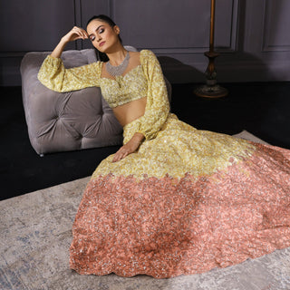 Mani Bhatia-Yellow & Peach Ombre Lehenga Set-INDIASPOPUP.COM