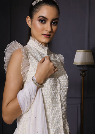 Mani Bhatia-Ivory Pearl Embroidered Jacket With Organza Skirt-INDIASPOPUP.COM