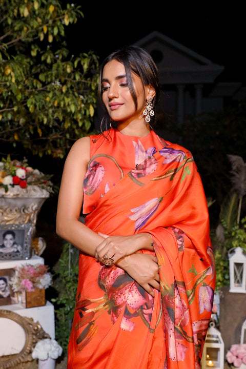 Mahima Mahajan-Orange Printed Saree Set-INDIASPOPUP.COM