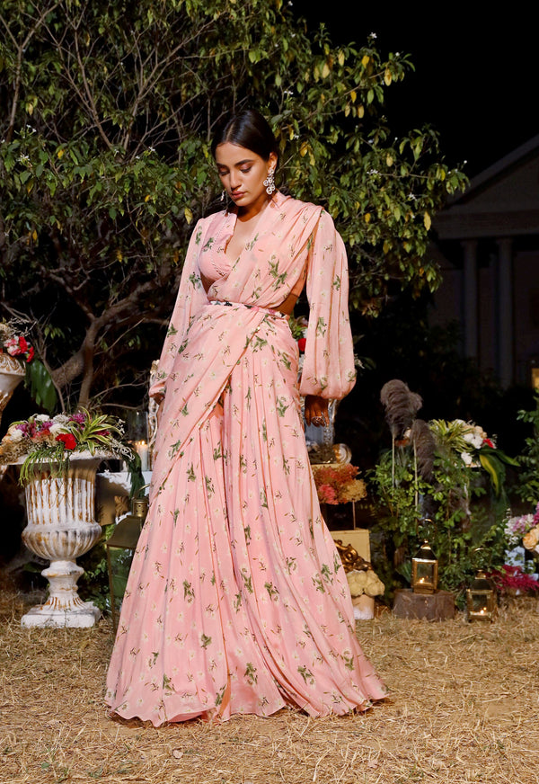 Mahima Mahajan-Light Blush Printed Drape Set-INDIASPOPUP.COM