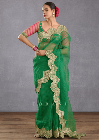 Torani-Green Huma Sari With Blouse-INDIASPOPUP.COM