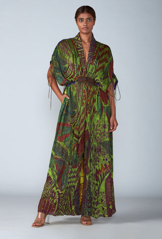Saaksha & Kinni-Green Abstract Bird Print Kaftan Style Jacket-INDIASPOPUP.COM