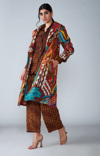 Saaksha & Kinni-Brown Abstract Coat With Shirt And Trouser-INDIASPOPUP.COM