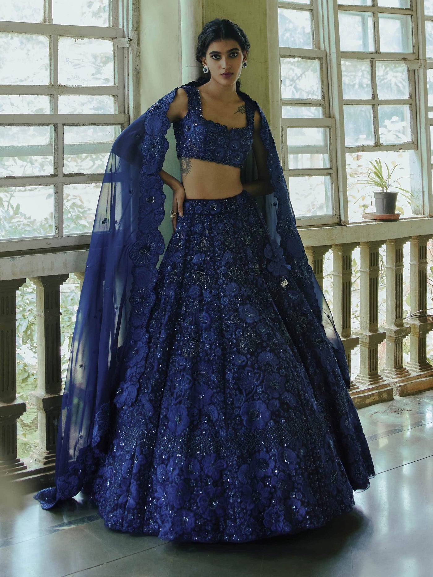 Mishru | Navy Blue Aster Lehenga Set | INDIASPOPUP.COM