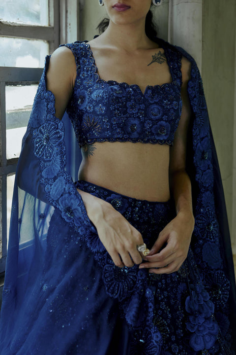 Mishru-Navy Blue Aster Lehenga Set-INDIASPOPUP.COM