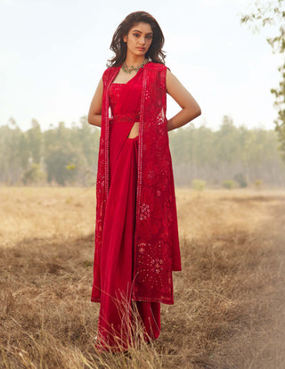 Mishru-Red Delilah Jacket With Corset And Saree-INDIASPOPUP.COM
