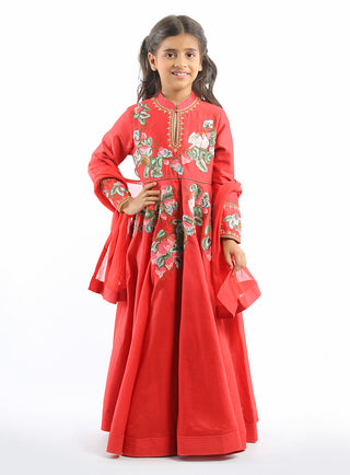 Bal Bachche-Red Embroidery Anarkali With Dupatta-INDIASPOPUP.COM