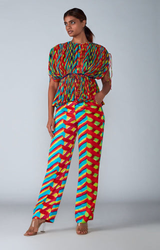 Saaksha & Kinni-Multicolor Leheriya Pleated Kaftan Blouse With Trouser-INDIASPOPUP.COM