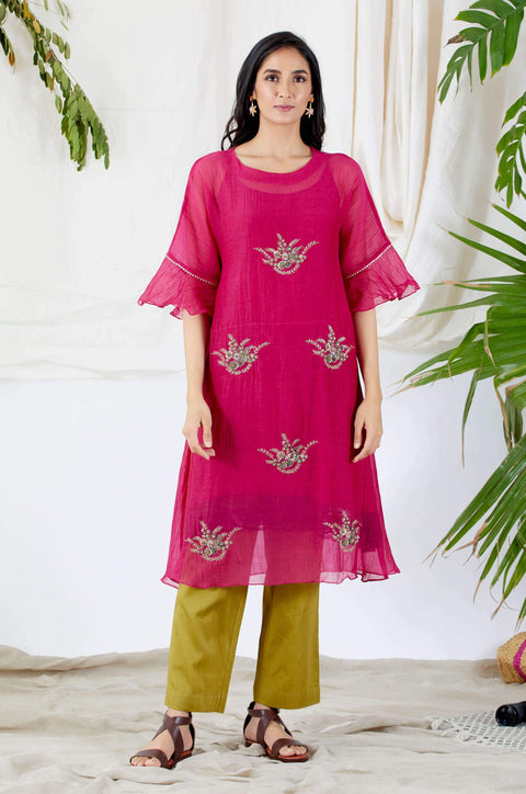 Devyani Mehrotra-Pink Bouquet Bella Tunic With Pants-INDIASPOPUP.COM
