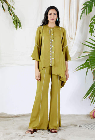 Devyani Mehrotra-Green Asymmetrical Shirt And Flared Pants-INDIASPOPUP.COM