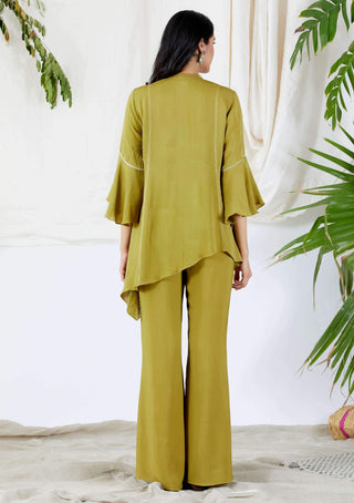 Devyani Mehrotra-Green Asymmetrical Shirt And Flared Pants-INDIASPOPUP.COM