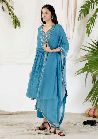 Devyani Mehrotra-Teal Blue Embellished Panelled Suit-INDIASPOPUP.COM