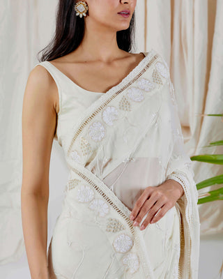 Devyani Mehrotra-Ivory Embellished Saree With Unstitched Blouse-INDIASPOPUP.COM
