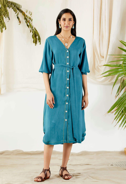 Devyani Mehrotra-Teal Blue Belted Shirt Dress-INDIASPOPUP.COM