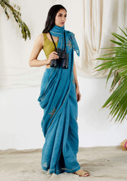 Devyani Mehrotra-Teal Blue Embellished Saree With Unstitched Blouse-INDIASPOPUP.COM