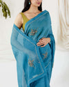Devyani Mehrotra-Teal Blue Embellished Saree With Unstitched Blouse-INDIASPOPUP.COM