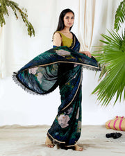 Devyani Mehrotra-Deep Green Printed Saree With Unstitched Blouse-INDIASPOPUP.COM