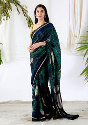 Devyani Mehrotra-Deep Green Printed Saree With Unstitched Blouse-INDIASPOPUP.COM