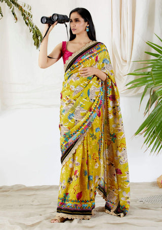 Devyani Mehrotra-Green Printed Saree With Unstitched Blouse-INDIASPOPUP.COM