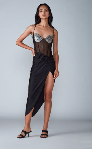 Saaksha & Kinni-Black Abstract Bodysuit Ruched Dress-INDIASPOPUP.COM