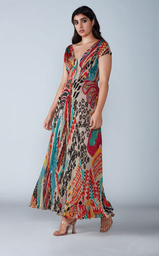 Saaksha & Kinni-Multicolor Pleated Dress With Cap Sleeves-INDIASPOPUP.COM